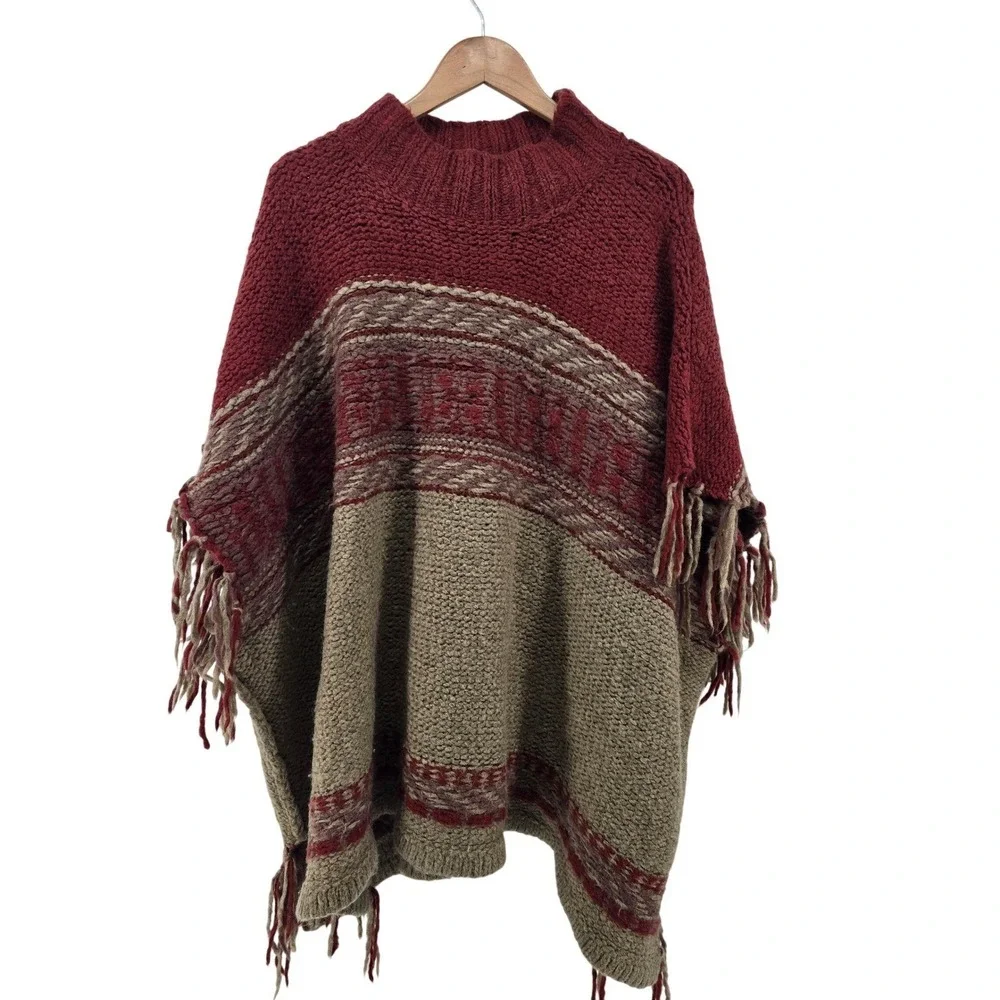 Free People Poncho Sweater Womens M/L Red Tan Fair Isle Fringe Mock Neck Boho